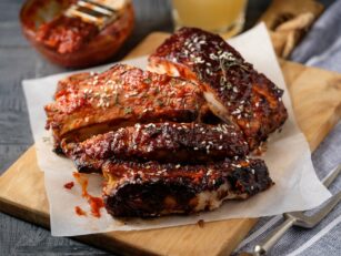Smoked Roasted pork ribs. Barbeque spicy ribs. Traditional american BBQ food.