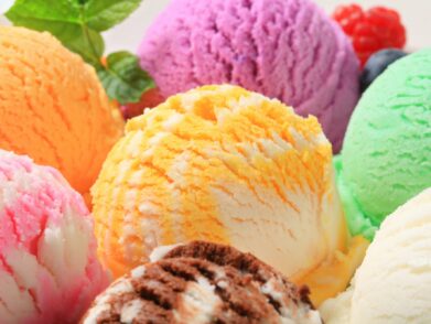 Close up of various ice-cream flavours