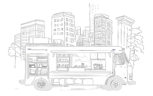 A minimalist line drawing of a food truck with the Sydney cityscape in the background